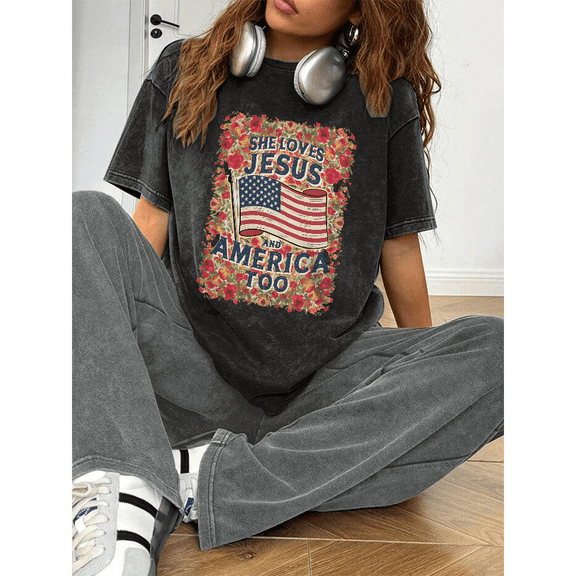 Jesus America Womens Tee Christian T-Shirt Patriotic Graphic Top She Loves Faith Design Soft Cotton Comfort Fit Black S-2XL Plus Size
