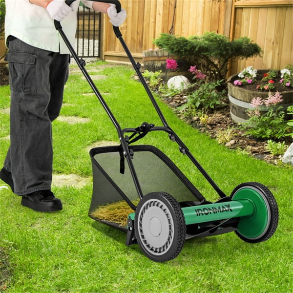 imerelez Manual Lawn Mower, 16 Inch 5-Blade Cordless Manual Reel Lawn Mower with Grass Catcher Bag, Adjustable Cutting Height 1.34-2.52 in, Walk-Behind Lawn Mowers for Yard Garden