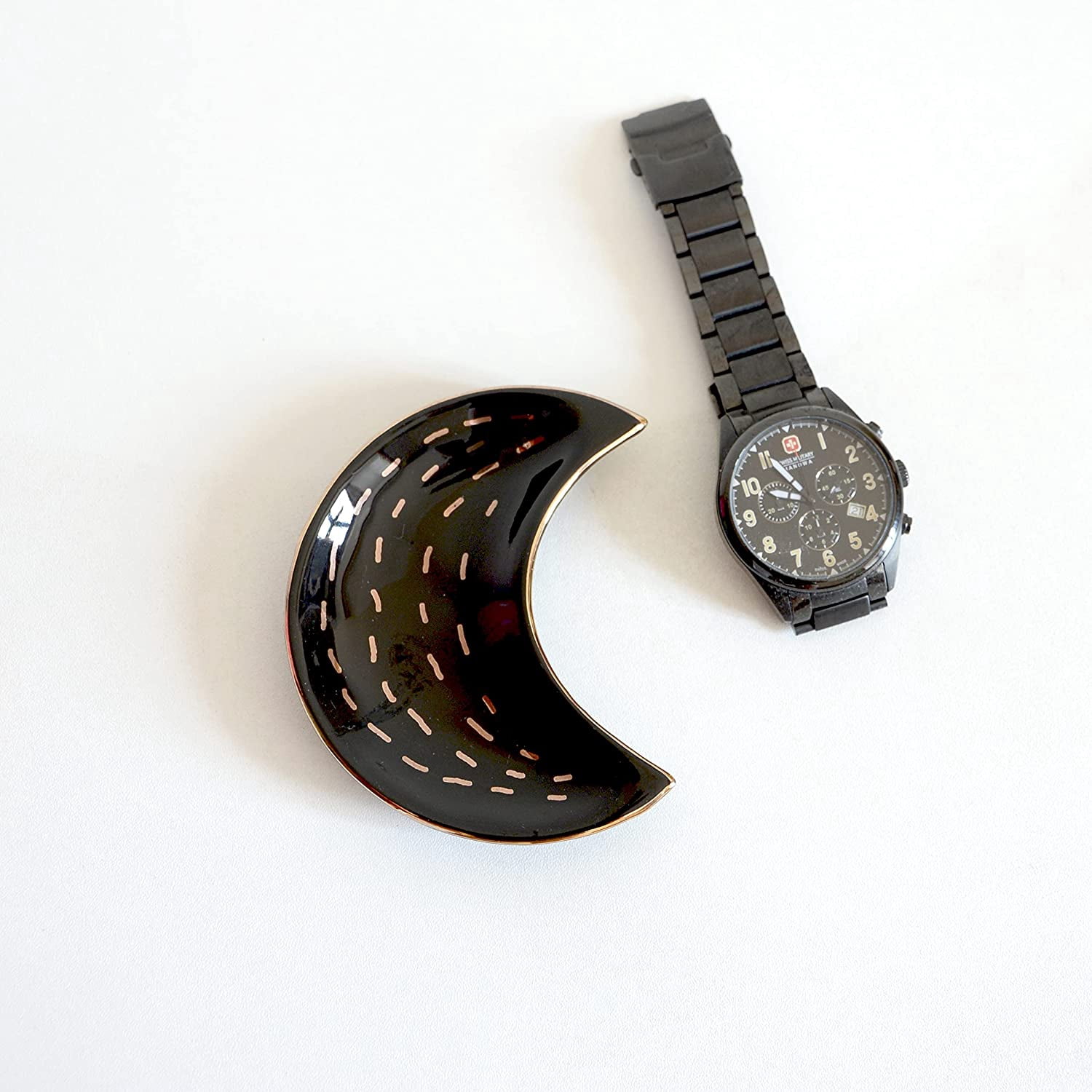 Small Moon Ceramic Jewelry Dish - Black Trinket Tray, Ring Holder, Decorative Desk Dish