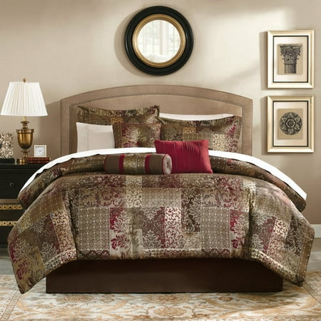 Mainstays 7-piece Jacquard Comforter King Bedding Set, Burgundy/Gold ...