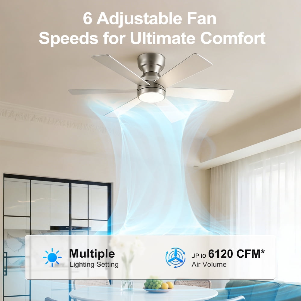 46" Flush Mount Ceiling Fan with Lights Remote Control,Quiet DC Motor 6 Plywood Blade Ceiling Fans 6 Speed Levels,Reversible Ceiling Fan,for Patio Living Room, Bedroom,Office,Indoor.( SLIVER)