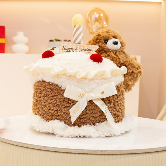 11" Birthday Cake Teddy Bear Plush Toy – Cute Animal Sofa Cushion, Comfort Stuffed Toy for Birthday Gifts & Holiday Decoration