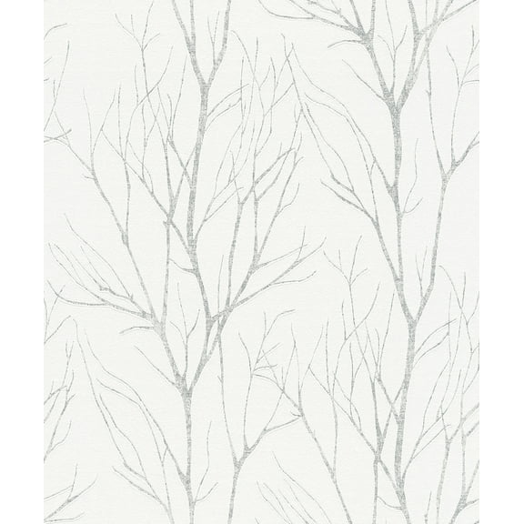 Advantage Diani White Metallic Tree Unpasted Expanded Vinyl Wallpaper, 21-in by 33-ft, 57.8 sq. ft.