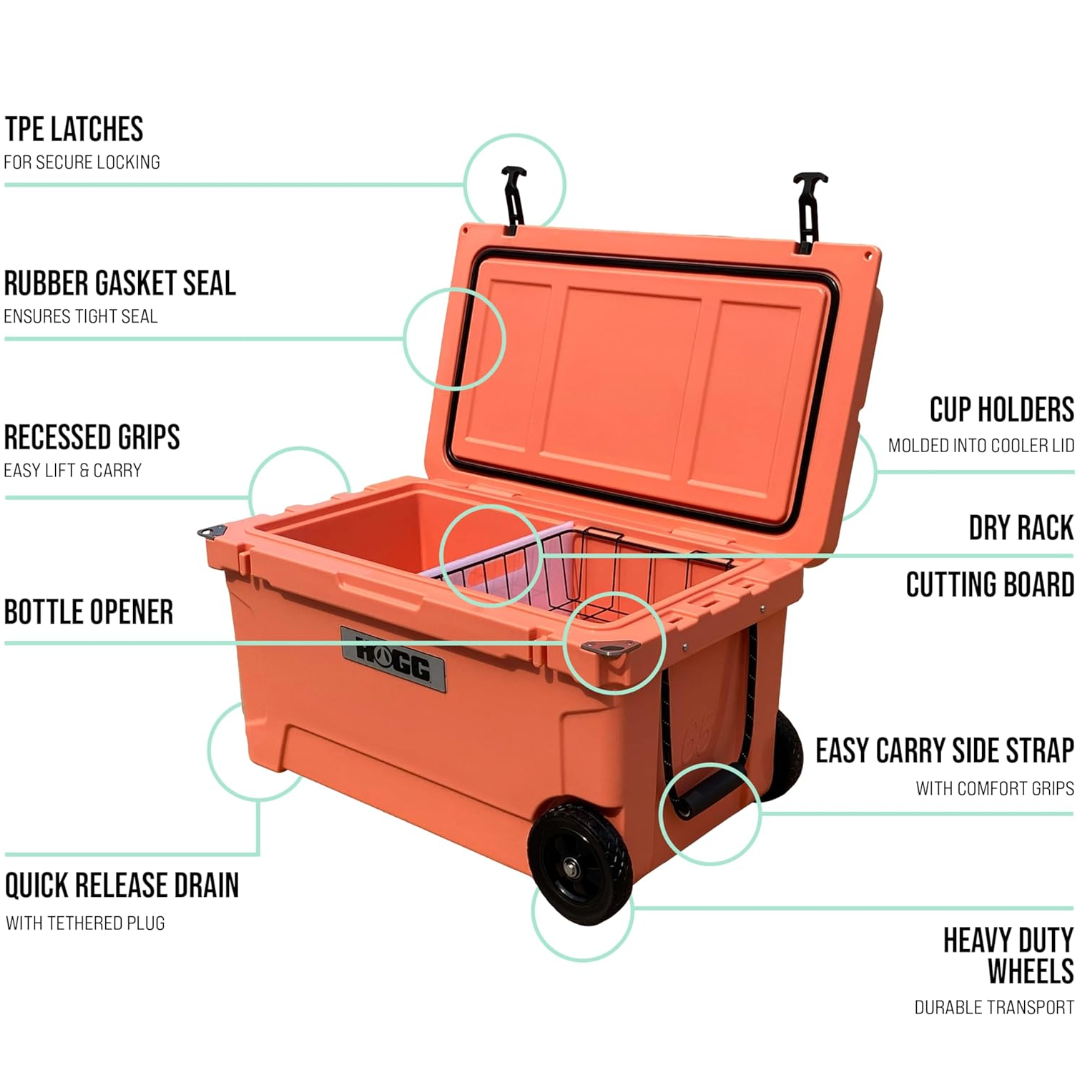 Hogg (Desert Flower) 65 QT Insulated Cooler with Wheels and Handles, Rolling Ice Chest with Wheels, Rotomolded Wheeled Coolers for Camping, Drinks, Outdoors