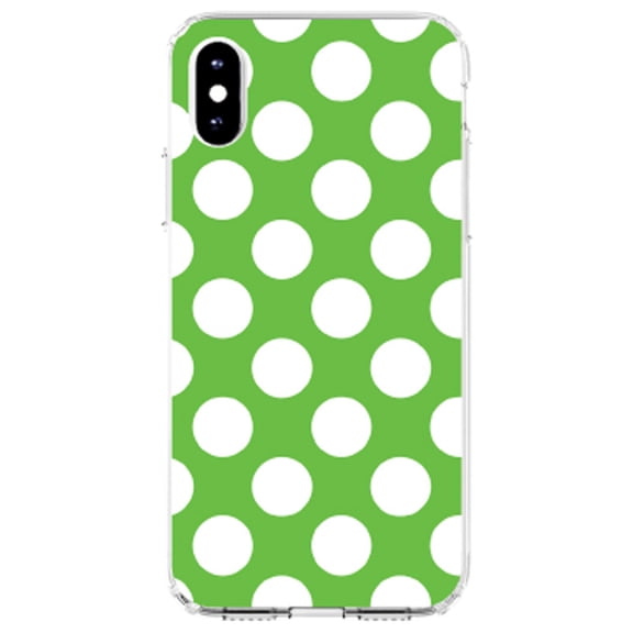 DistinctInk Clear Shockproof Hybrid Case for iPhone X / XS (5.8" Screen) - TPU Bumper, Acrylic Back, Tempered Glass Screen Protector - White & Green Polka Dots