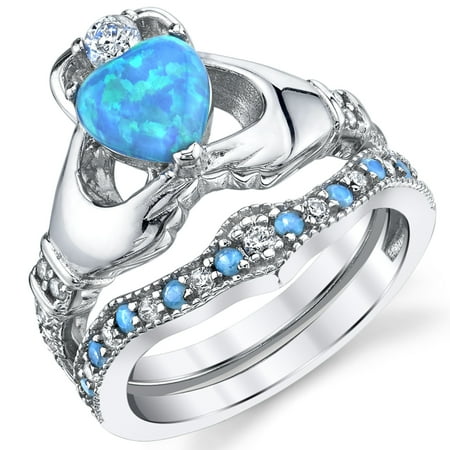 Blue Opal Wedding Set - Sterling Silver 925 Heart Shape Claddagh Engagement Ring Wedding Bridal Sets with Blue Simulated Opal