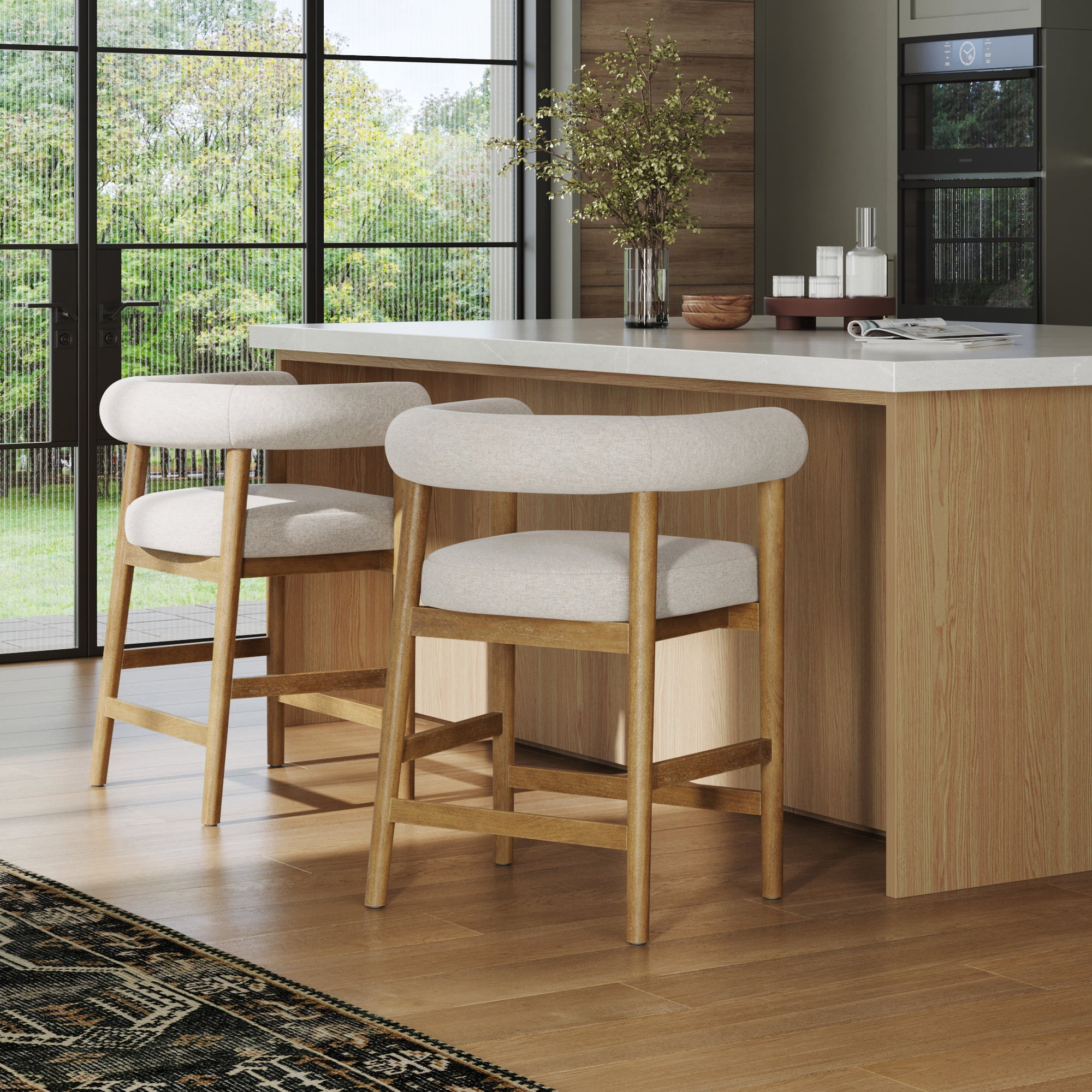 Nathan James Demi Modern Barrel Bar Stool with Solid Wood Legs and Natural Flax Upholstery, Wooden Bistro Bar Stool with Curved Back, Flax/Light Brown