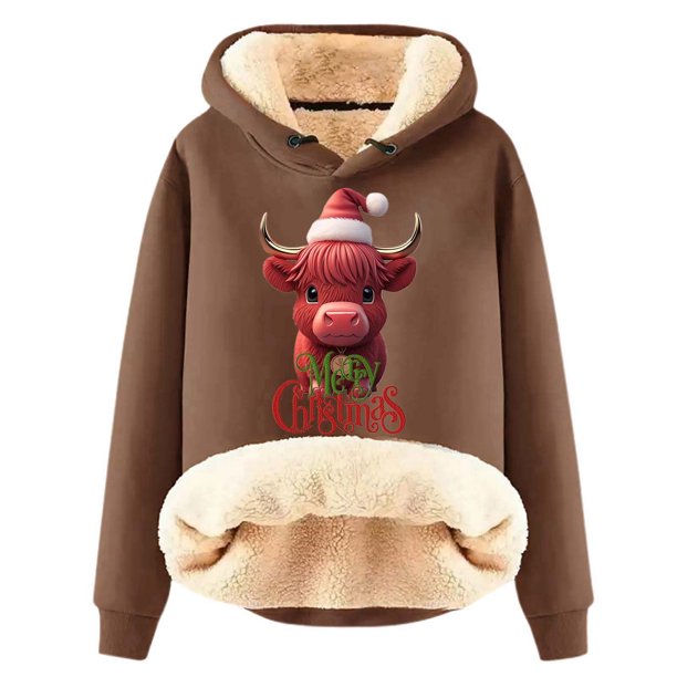 WILLBEST Sudadera con Capucha para Mujer, Estampado Navideño de Vaca, Cálida Grande