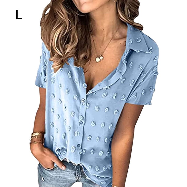 Camisa de mujer Blusa de gasa casual Blusa de manga corta con botones, Azul, L Inevent AP001376-23