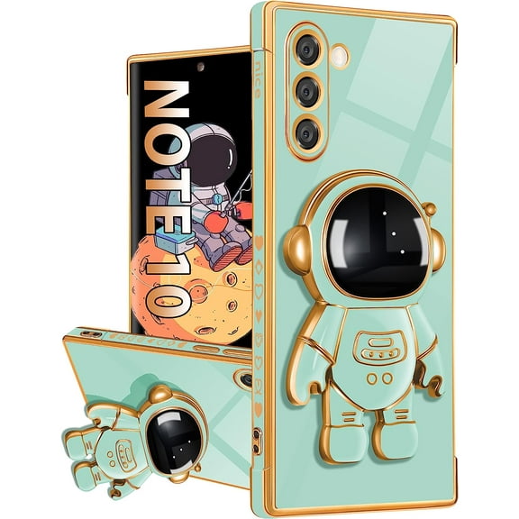 For Samsung Galaxy Note 10 Case with Astronaut Stand, Women Girls Galaxy Note 10 Cases, Girly Cute 6D Outer Space Heart Pattern Phone Cover for Note 10 6.3 Inch Mint Green