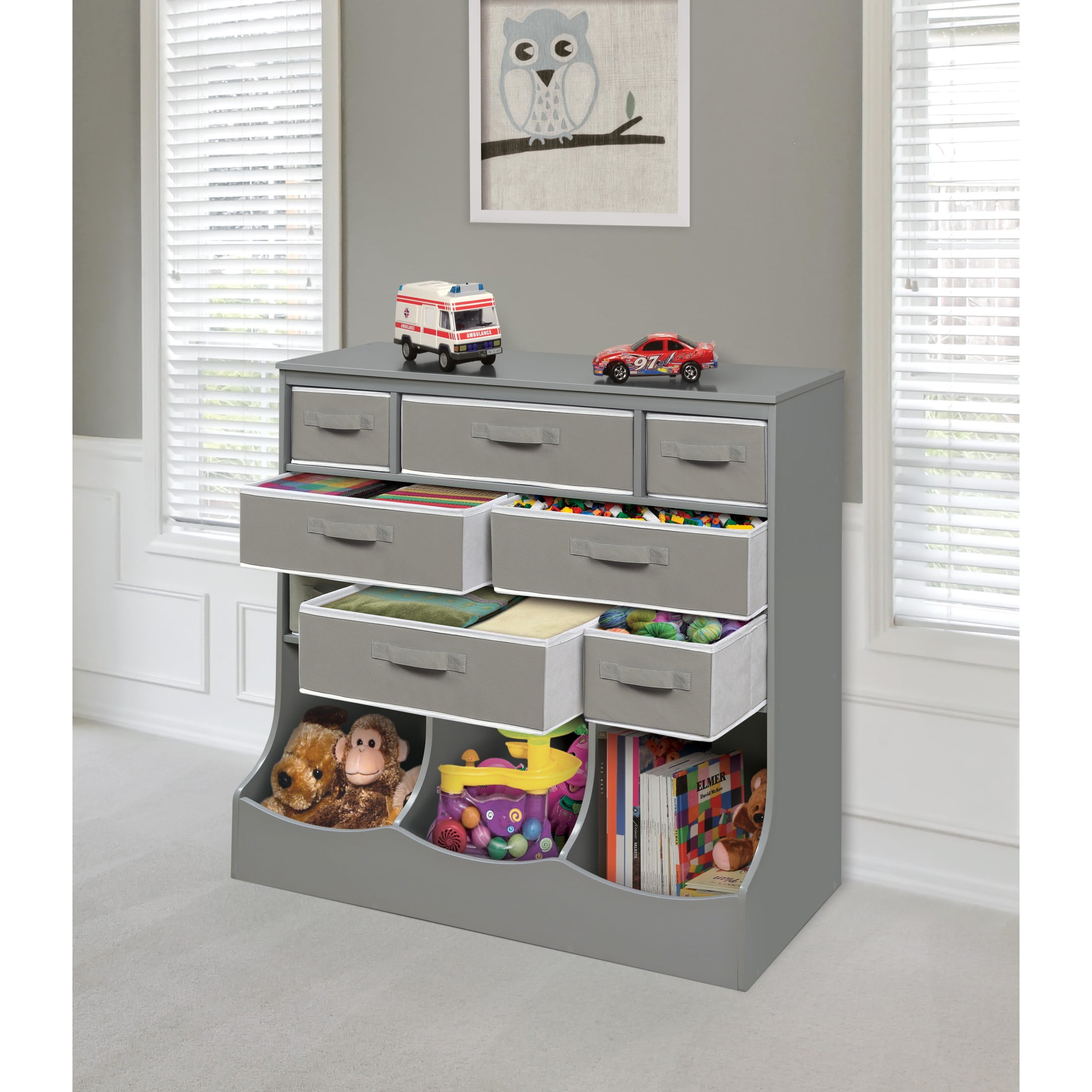 Badger Basket Children's Wooden Storage Station with Eight Baskets 51 gal Toy Storage Cube, Gray