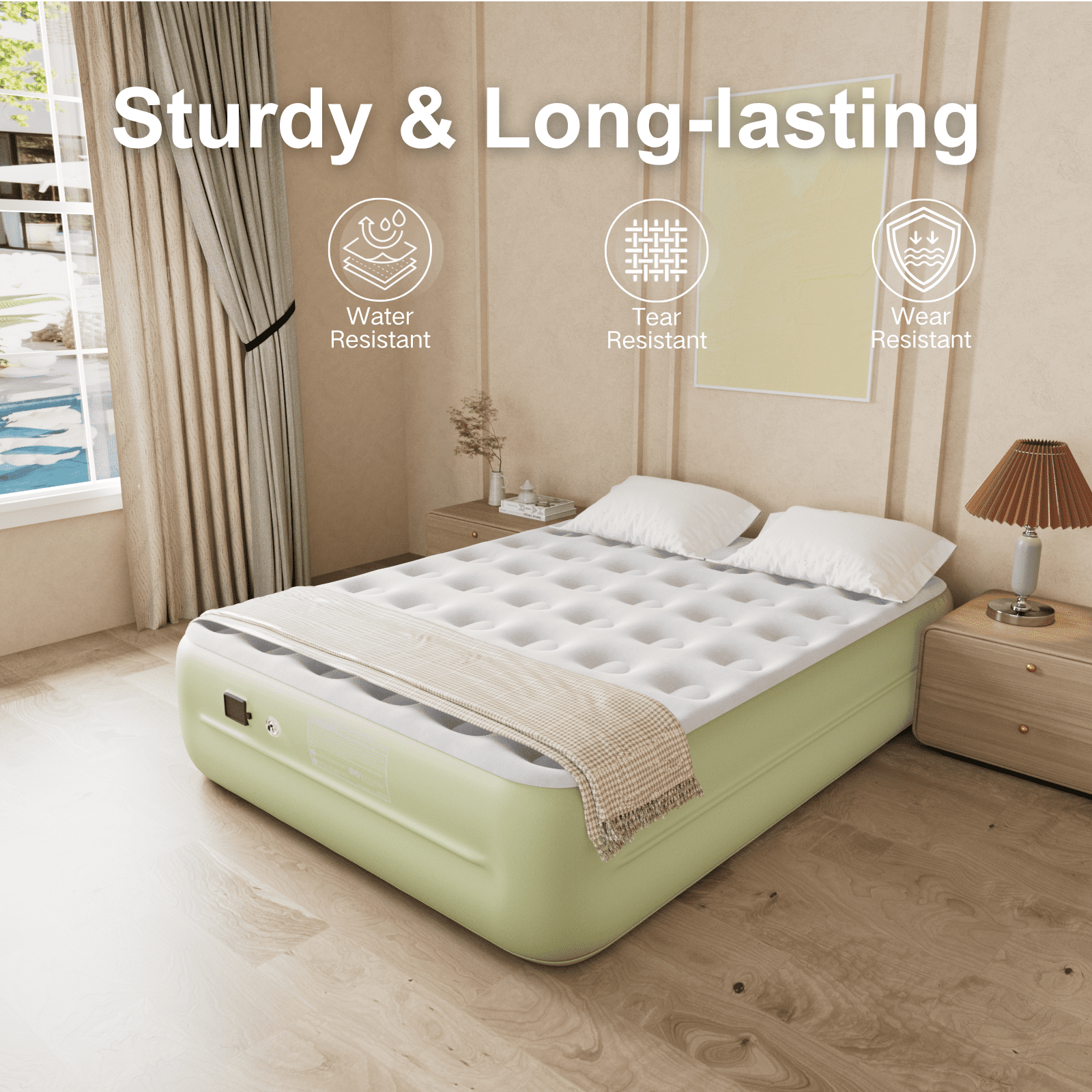 Luxury Queen Air Mattress with Built-In Battery Pump,Heavy-Duty Waterproof Veltex Surface for Indoor/Outdoor Use,Portable Inflatable Camping Bed & Guest Bed(Green)