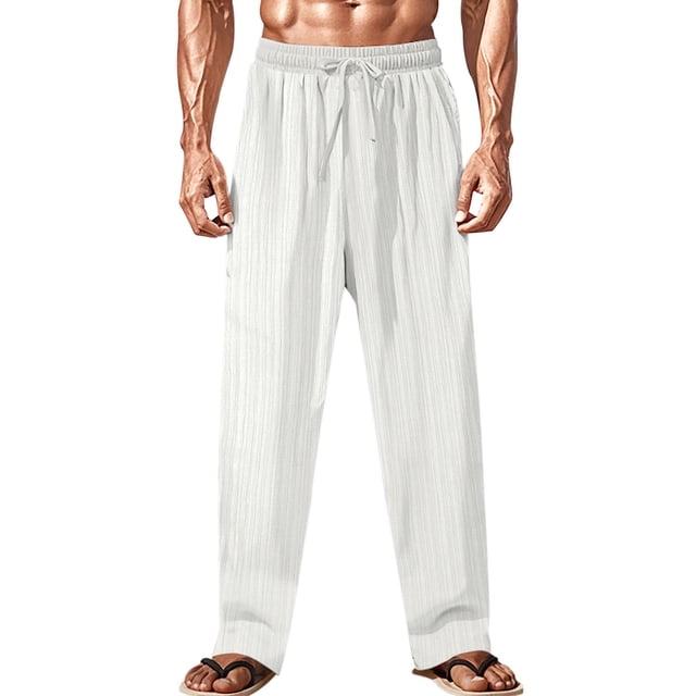 Pantalones largos de verano para hombre, casuales, de moda, de color sólido, con cordón y cintura elástica.