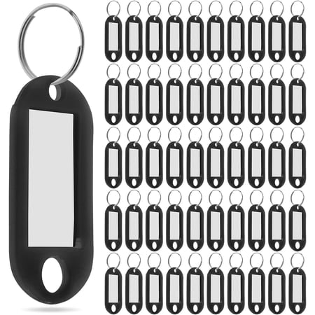 Key Tags with Label Window, 100 Pack, Black Plastic with Split Ring, ID Labels for Luggage and Organization (Black)