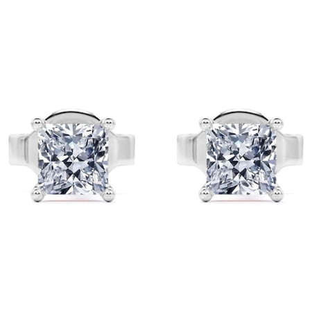 JeenMata 0.5 Carat Princess Cut Diamond 4 Prong Solitaire Stud Earrings In 18K White Gold Plating Over Silver