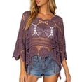 thumbnail image 3 of Women's Plain Fringe Trim Cut Out Sheer Cover Up Boho Scallop Trim 3/4 Sleeve Round Neck Crochet Cover Up Tops Beach Vacation, 3 of 11