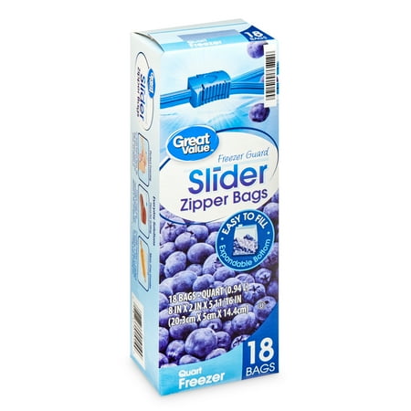 Great Value Slider Zipper Freezer Bags, Quart, 18 Count