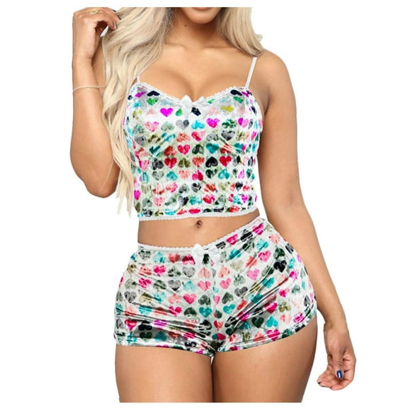 Christmas pajamas Christmas gift Womens Sexy Velvet 2 Pieces Romper Outfit Sleeveless Crop Top Camisole   Shorts