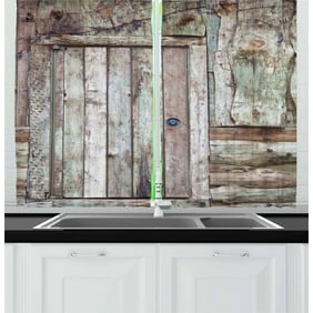 Mkhert Rural Wooden Barn Door Window Curtain Living Room Bedroom