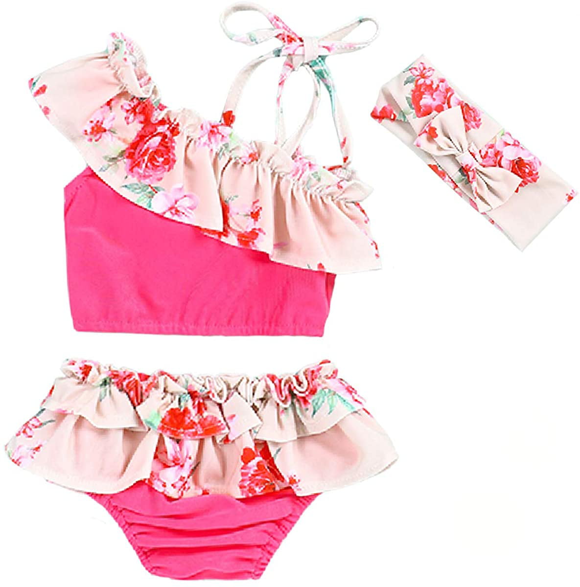 Toddler Baby Girl Swimsuit Bikini Ruffle Floral Tops Skirt with Headband Swimwear Bathing Suit Summer Outfits Set 