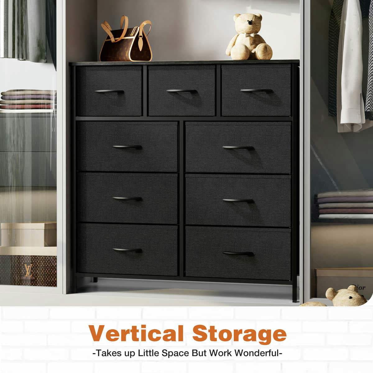GVN Dresser, Chest of Drawers,Tall 9 Drawers Dresser Fabric Storage Tower, Wooden Top for Kid Room, Closet, Entryway, Nursery, Black