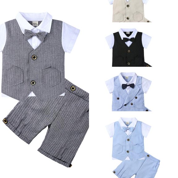 Wdgfv Baby Boys Summer Suits Short Sleeve Wedding Ring Bearer Outfits 3Pcs Graduation Dress Vest Shirt Bowtie Shorts Set 12-24 Months