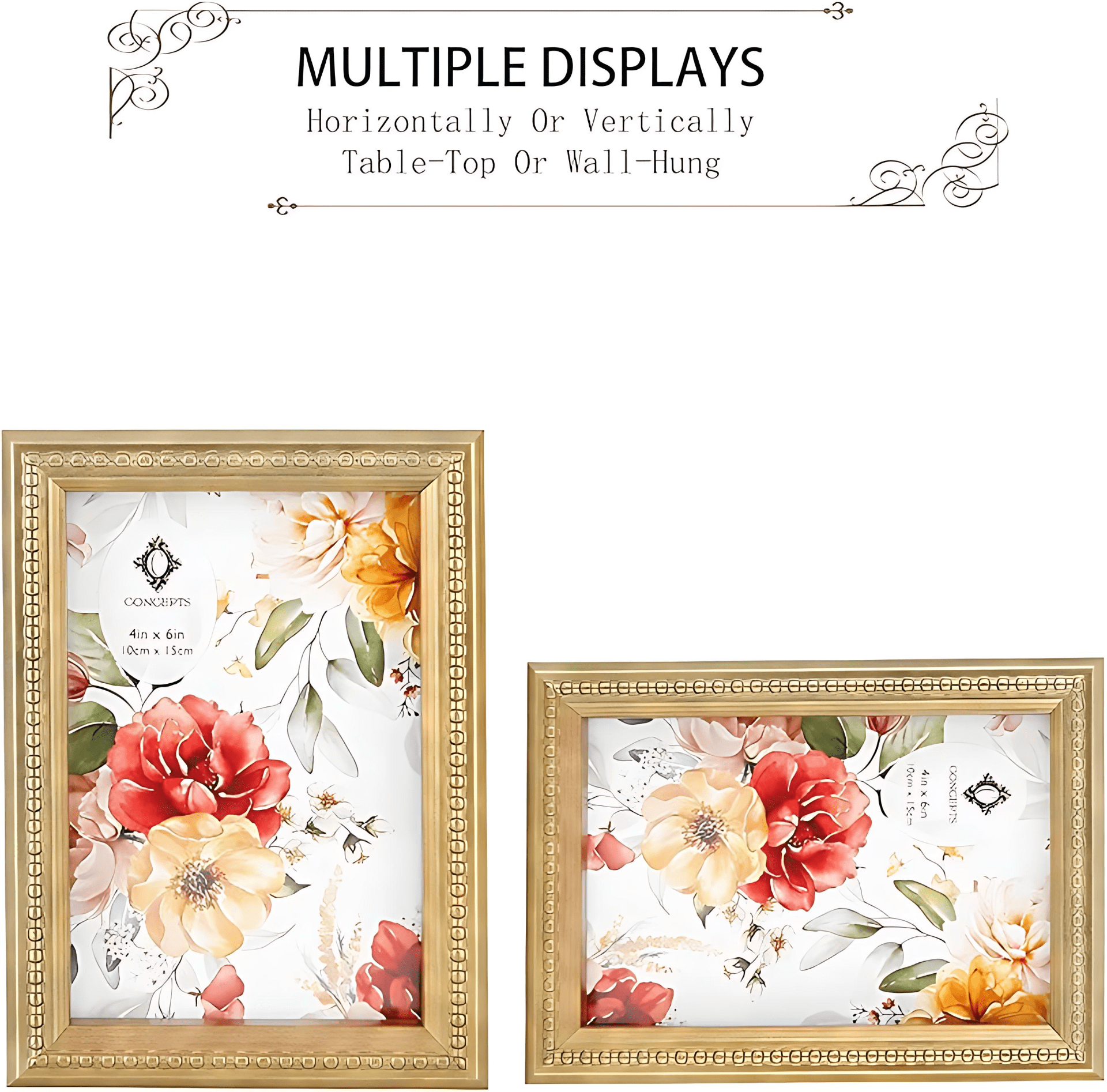 Concepts 8x10 Picture Frames Gold Ornate Resin Photo Frames with HD Glass, Wall/Tabletop - Vertical and Horizontal Display