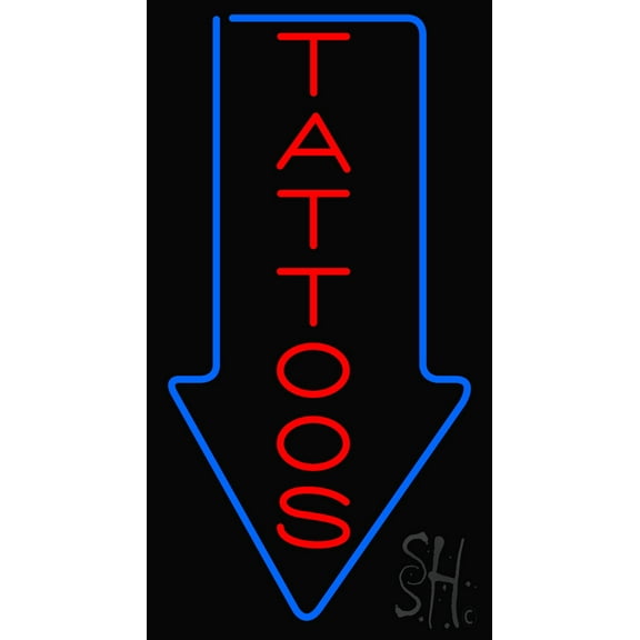 Tattoos LED Neon Sign 24" Tall x 13" Wide - inches Black Square Cut Acrylic Backing, with Dimmer - Premium built indoor Sign for Storefront, Store interior, Workshop, Studio.