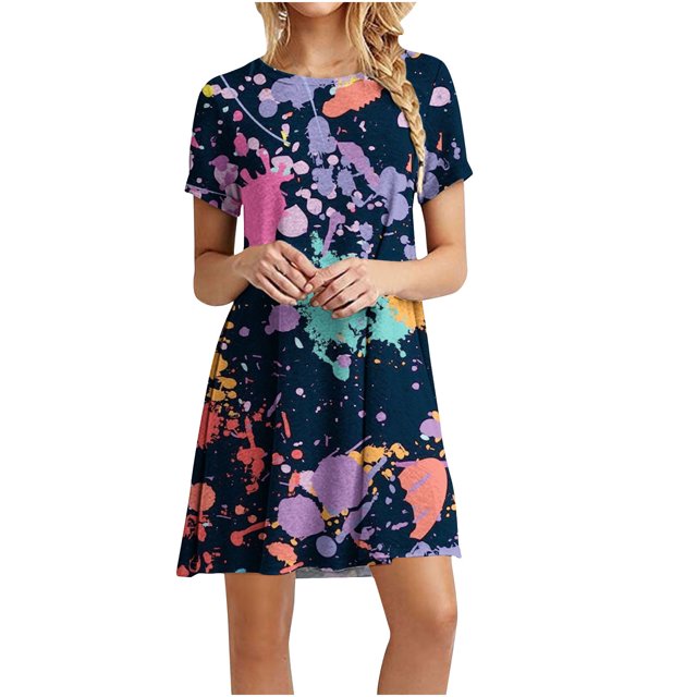 Robe Mini pour Femmes 2023 Été Décontractée à Manches Courtes Mignonne à Col Rond Robe Fluide à Imprimé Floral Ample Robe T-Shirt de Plage