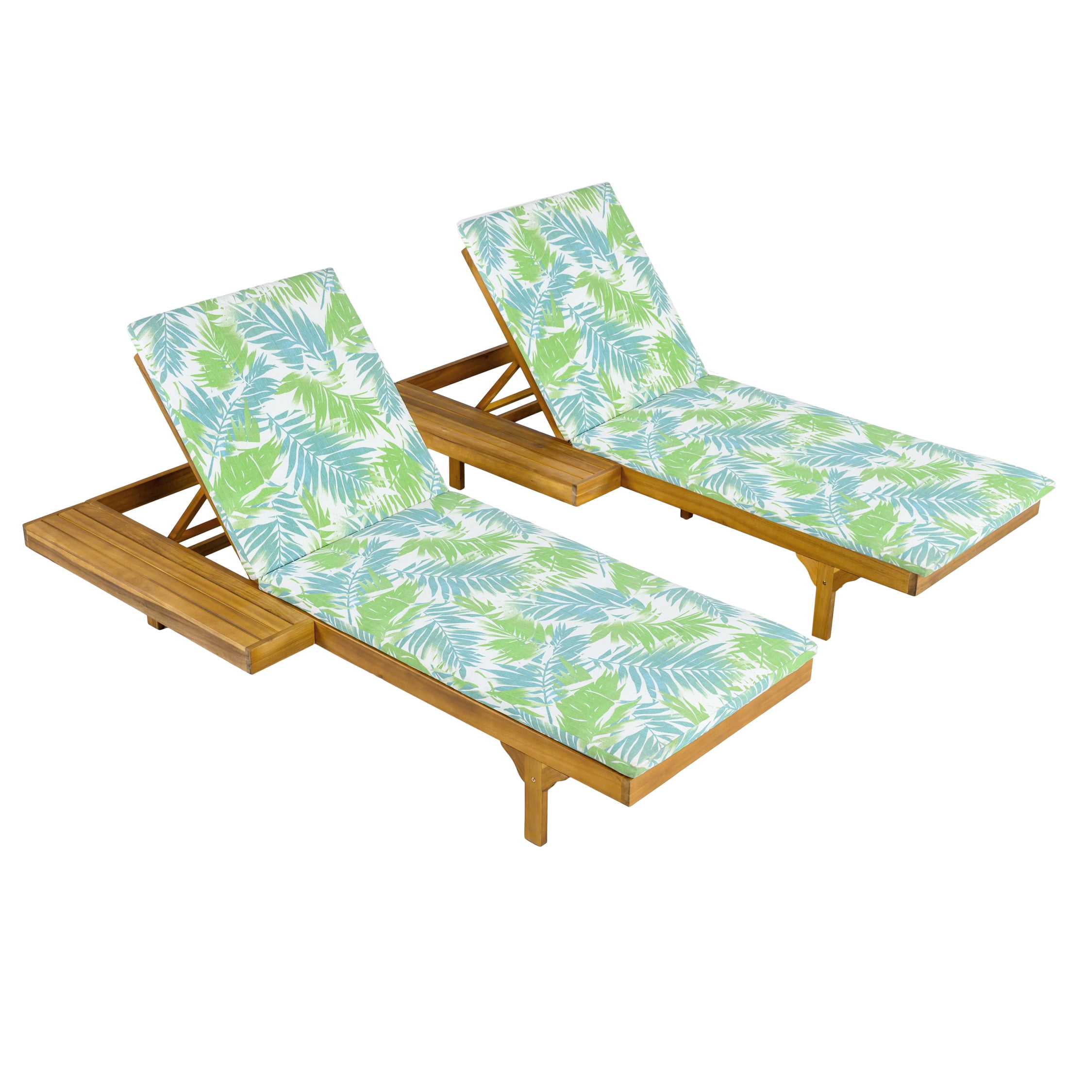Christopher Knight Home Convertible 2-Person Outdoor Chaise Lounge Set with Foldable Cushions, Teak+Green Leaf