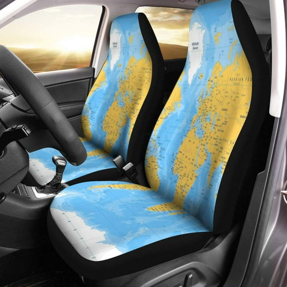 POGLIP Set of 2 Car Seat Covers Blue Detailed Political Physical Topographic Colored World Map Yellow Universal Auto Front Seats Protector Fits for Car,SUV Sedan,Truck