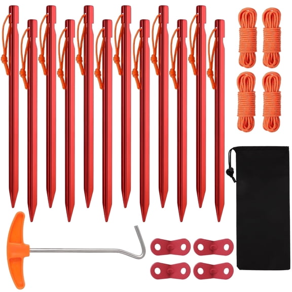 Hengguang 22Pcs Camping Aluminum Tent Stakes Set, 12 Non-Rust Tent Stakes, 7 Inches, with 4 Red Tensioners,4 Guylines,1 Orange Puller,1 Black Storage Bag