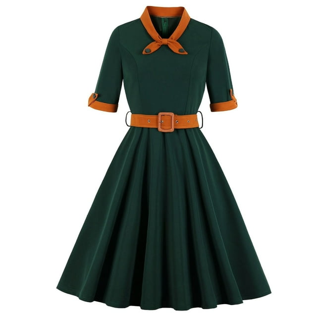Soldes d'Été Iumwxz Robes à Col à Revers Manches Courtes pour Femmes Tunique Rétro à Fermeture Éclair Robe à Grand Ourlet avec Ceinture Robe Graphique à Blocs de Couleur Robe d'Invitée de Mariage Robes Amples et Fluides