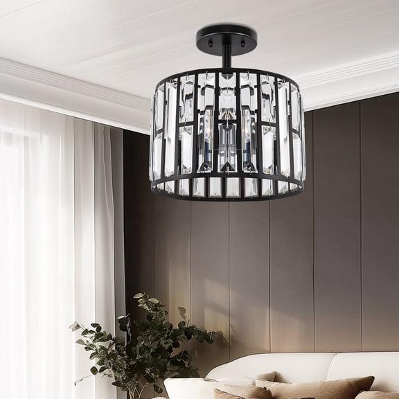 YANSUN 12.4 in 3-Light Matte Black Semi-Flush Mount Ceiling Light with Crystal Accents, E12 Base, No Bulbs Included, for Kitchen Hallway Entrance Balcony Dining Rooms Living Rooms Bar