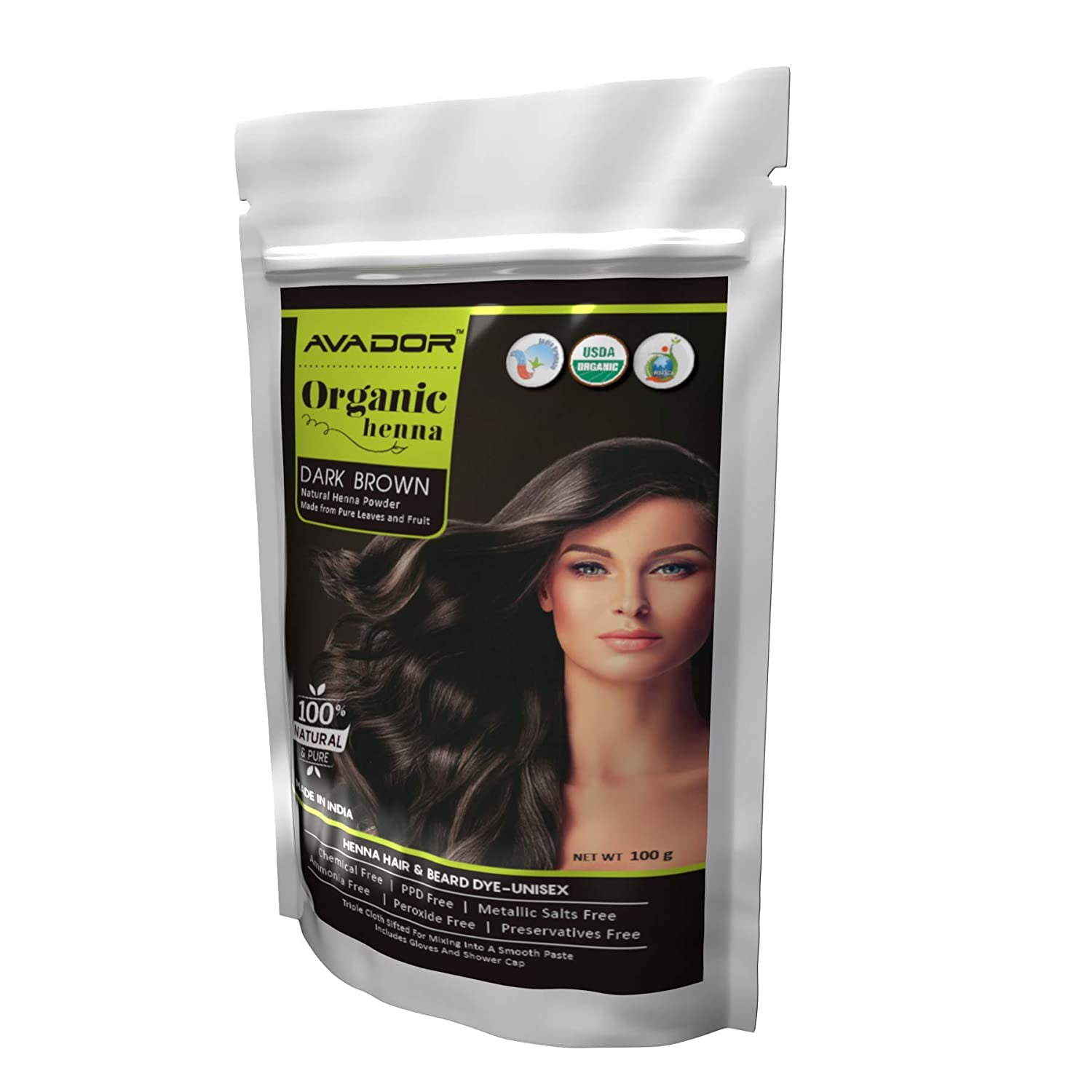 AVADOR Organic's Natural Organic Henna Dark Brown Hair Color Powder  Chemical Free Natural Henna For Hair and Beard Dye 100g 