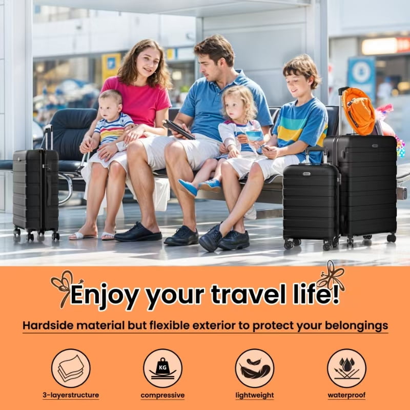 Luggage Set 3 Piece,PC ABS Lightweight Hardside Suitcases with TSA Lock,Carry on luggage with Wheels,Black