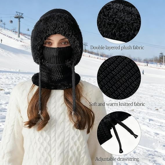 3 in 1 Beanie Hat with Scarf and Mask, Women Outdoors Windproof Scarf Hat, Winter Fleece Ski Balaclava