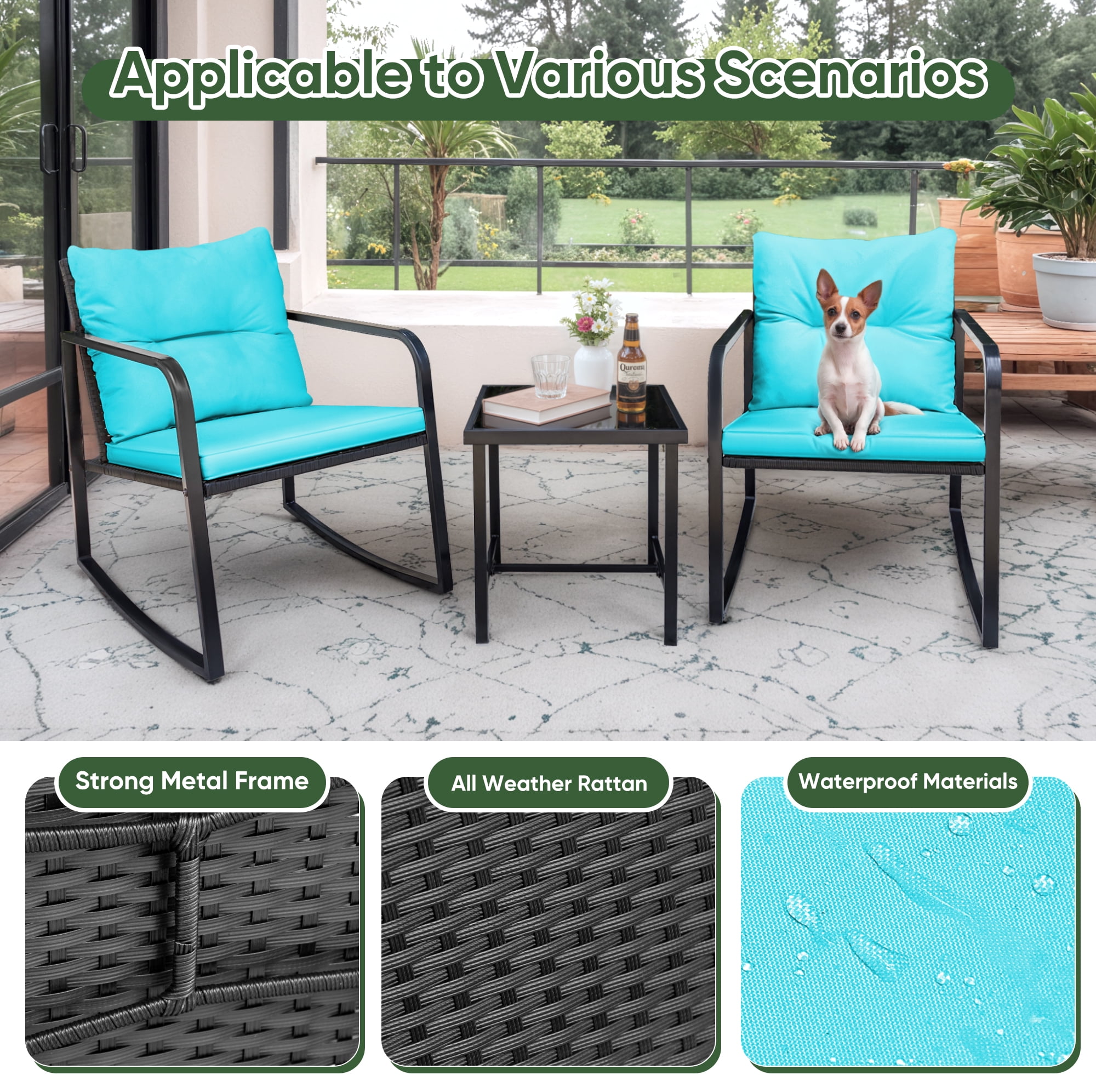 Devoko 3 Pieces Rocking Patio Furniture Sets Outdoor Rocking Chair PE Rattan Bistro Rocker Conversation Sets with Coffee Table for Garden,Blue