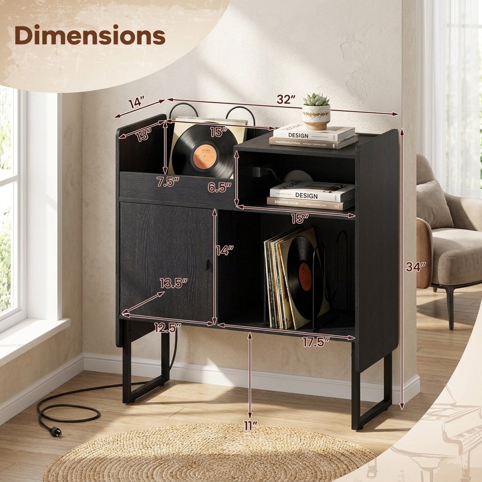 Furnibear Record Player Stand with Power Outlets USB Type-C Ports and Vinyl Storage Holder for up to 250 Albums Cabinet, Black