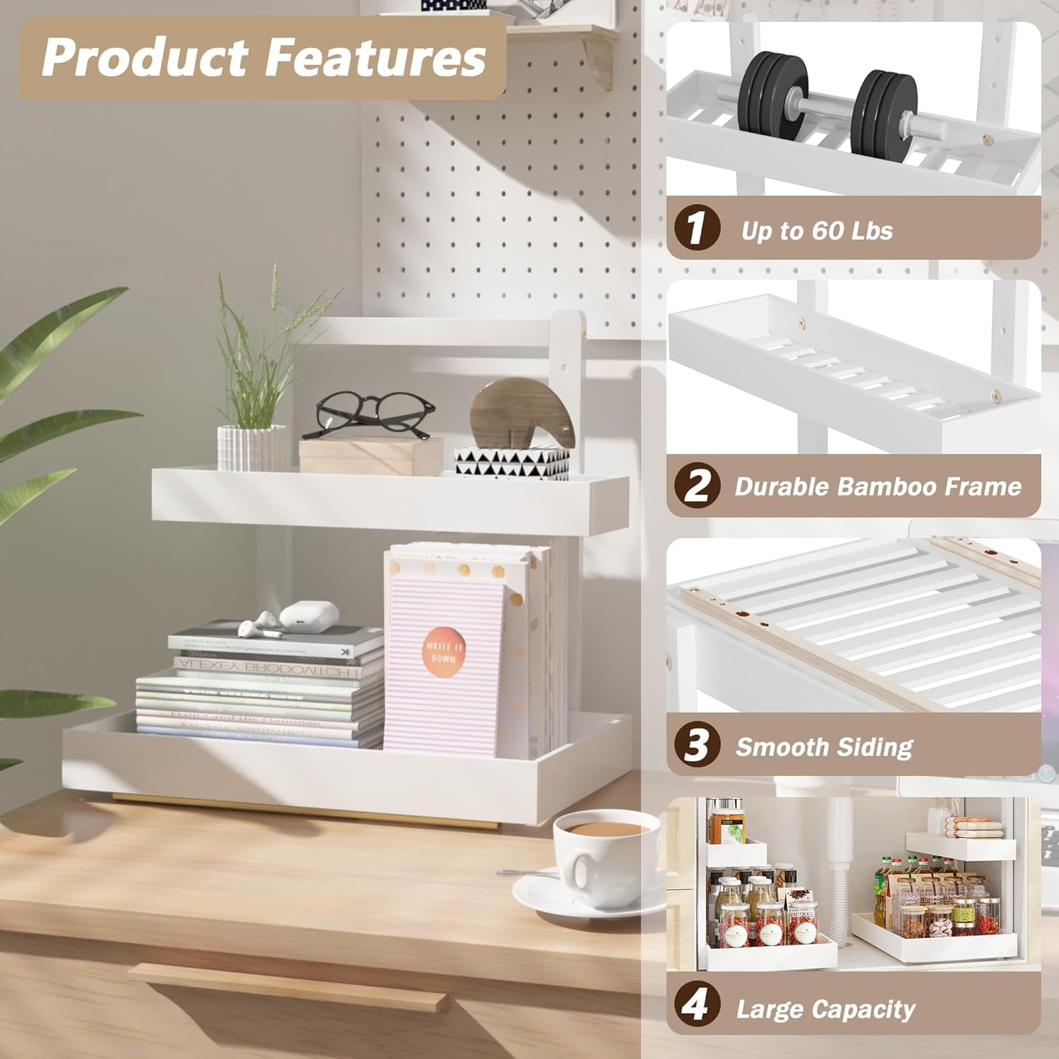 Bamboo Under Sink Organizer and Storage, 2 Tier Pull Out Cabinet Organizer, Slide Out Under Sink Storage Shelf, Undersink Organizers Shelves for Kitchen Bathroom Organization (White, 2 Packs)
