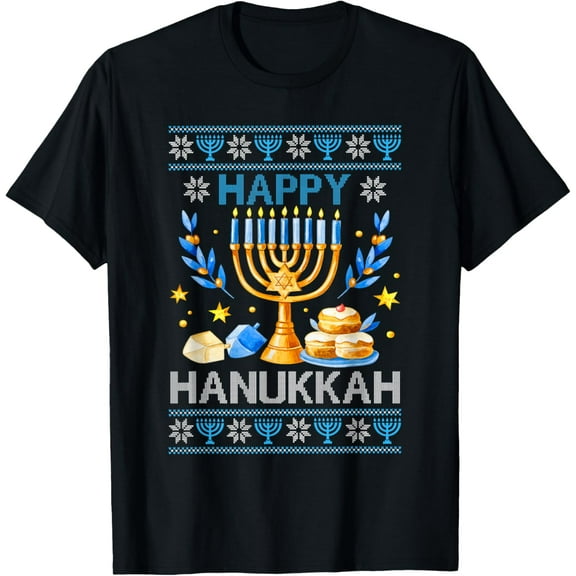 Happy Hanukkah Menorah Dreidel Ugly Chanukah Kids Women Men T-Shirt