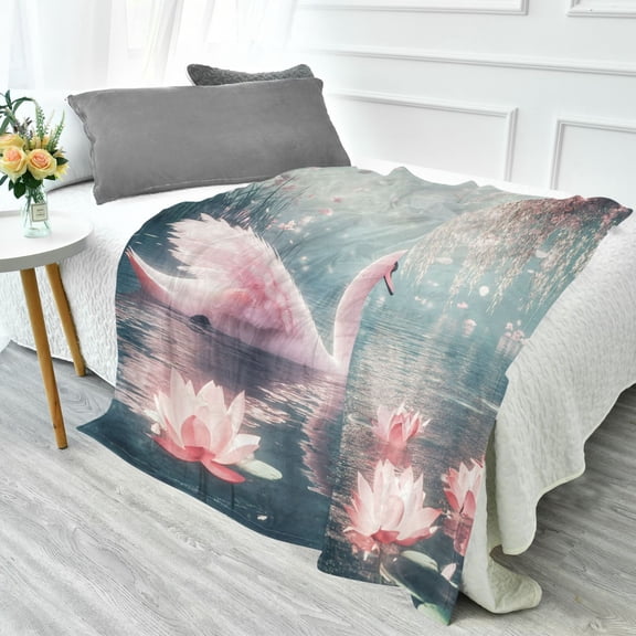 YAZAOO Travel Blanket Camping Blankets Fashion Swan with Pink Wings Swimming Patten