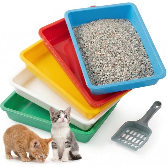 5 count Kitten Litter Boxes, 1.57 inch Low Entry Litter Box with Scooper, Portable Litter Box Shallow Litter Pan Open Travel Kitten Boxes for Small , Hamster, , 5Colors