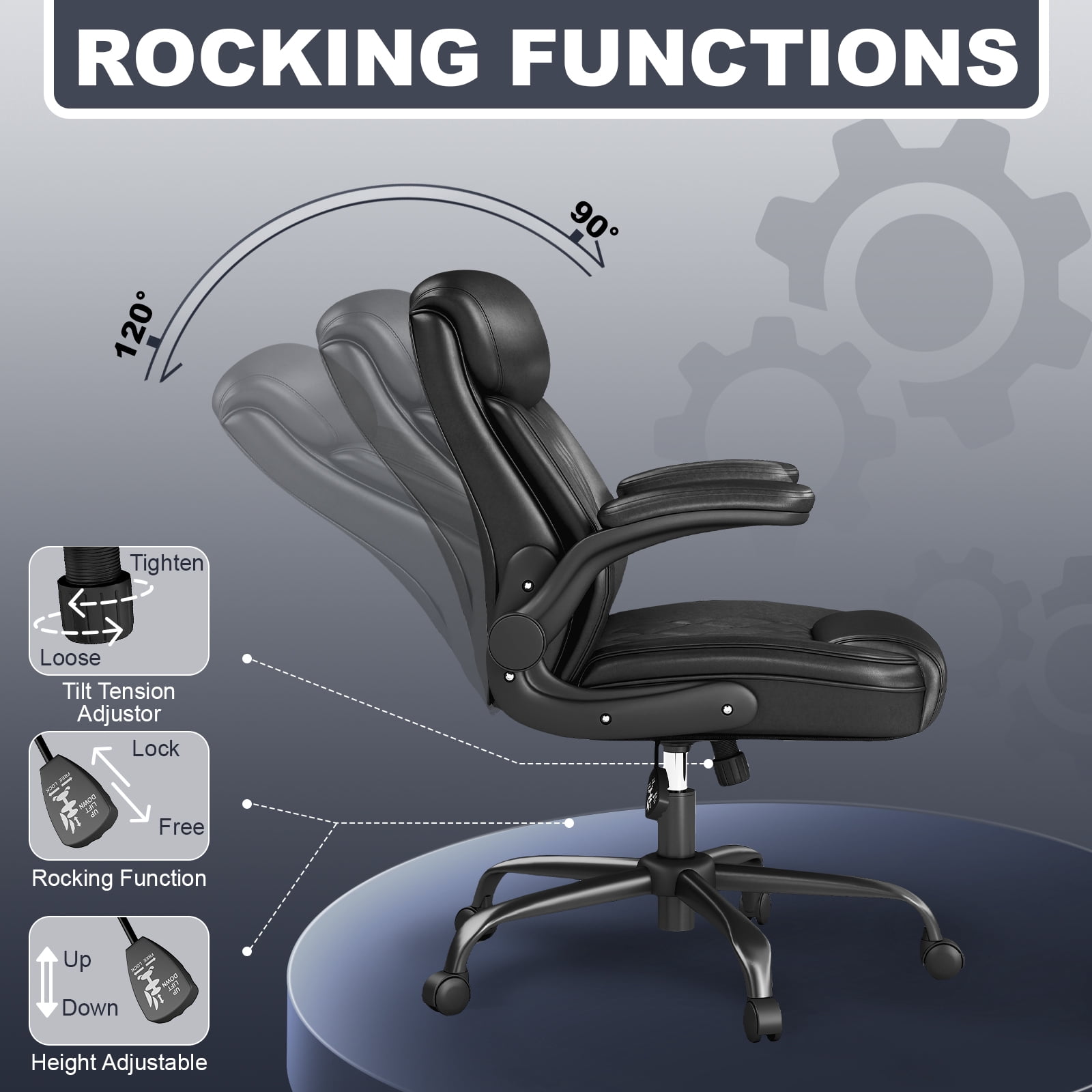 Mid-Back Executive Office Chair, Black PU Leather, Diamond-Stitched, Adjustable Armrests, Lumbar Support, Ergonomic Swivel Desk Chair