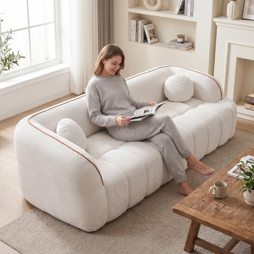 ANJIESENG 98.4" Cloud Couch 3-Seater Sofa, Modern Corduroy Upholstered Sofa with Deep Seat, Channel Tufted Design, No Assembly Required, Compressed Sofa-in-a-Box with 2 Pillows, White、orange、camel