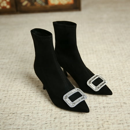 

HHH 33-2 Crystal Square Buckle Stiletto Ankle Boots Suede Pointed Toe High Heel Martin Boots Women Elastic Bootleg Short Boots Women