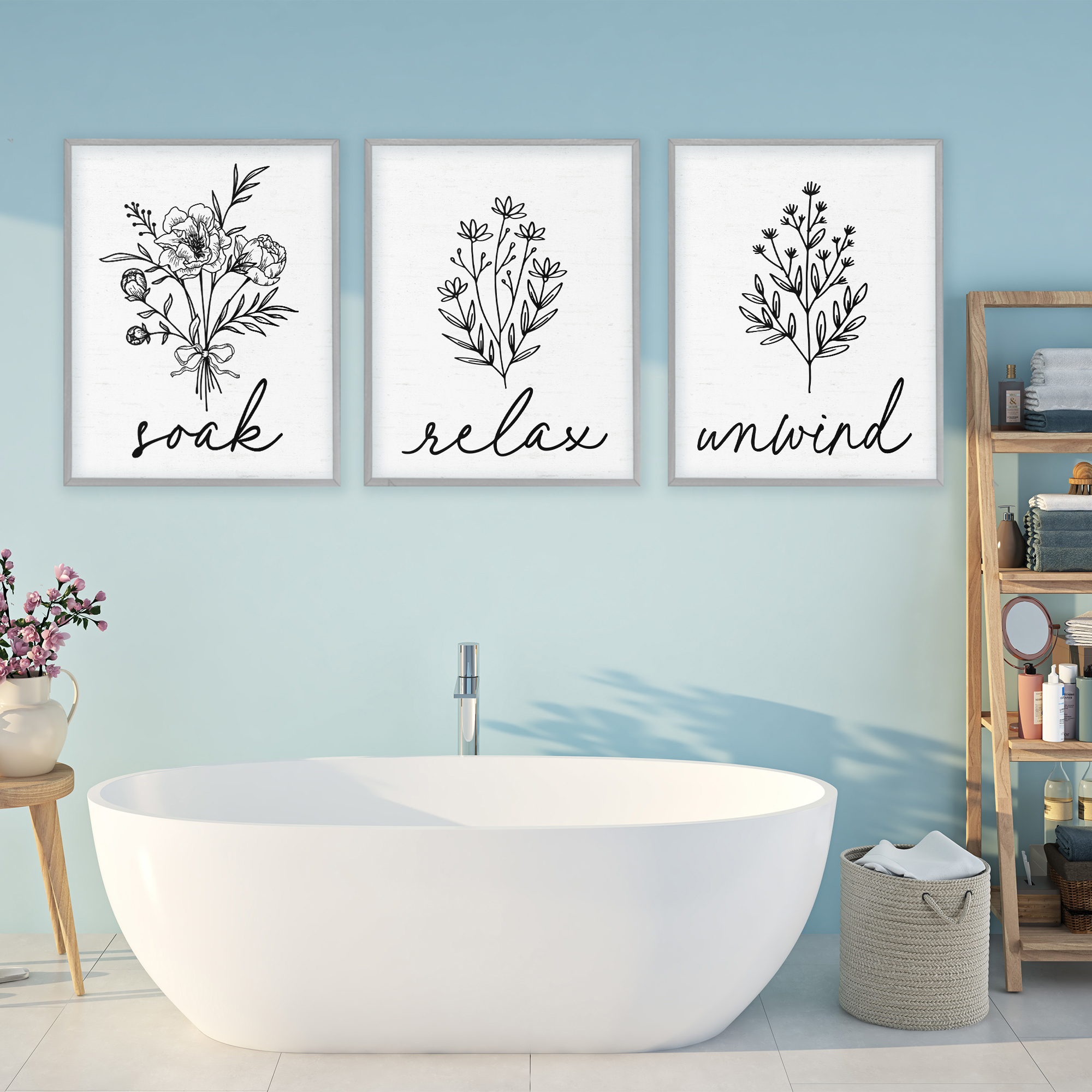 Bathroom Herbs for Relaxation 3 Piece Gray Framed Giclee Art Set, design by Lettered and Lined