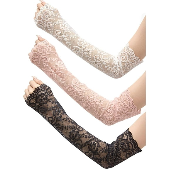 3 Pairs Women Lace Arm Sleeves Long Lace Gloves Fingerless Arm Covers Warmers Black White Pink