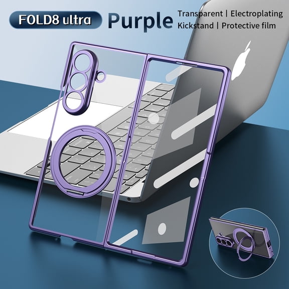 ELEHOLD Clear Case for Samsung Galaxy Z Fold8 Ultra with Ring Stand, Electroplated Magnetic Protective Cover with Screen Protector, Purple