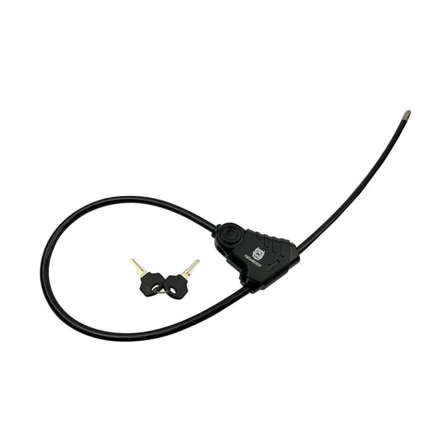 Hughes Auto Cable Lock ADJLOCK with a 36-inch length and 10-millimeter braided steel cable. Features a key lock mechanism with two included keys and an adjustable design for securing propane tanks, barbecues, bicycles, and other gear. The black cable is cut and saw resistant, and the lock can be fashioned into two loops for versatile use.